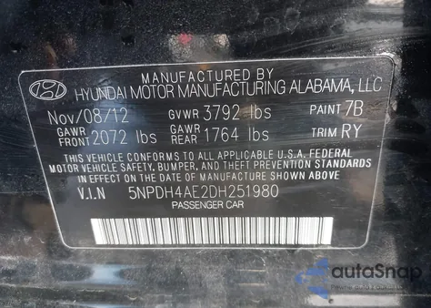 2013 Hyundai Elantra Limited z USA, uszkodzony, nr VIN 5NPDH4AE2DH251980